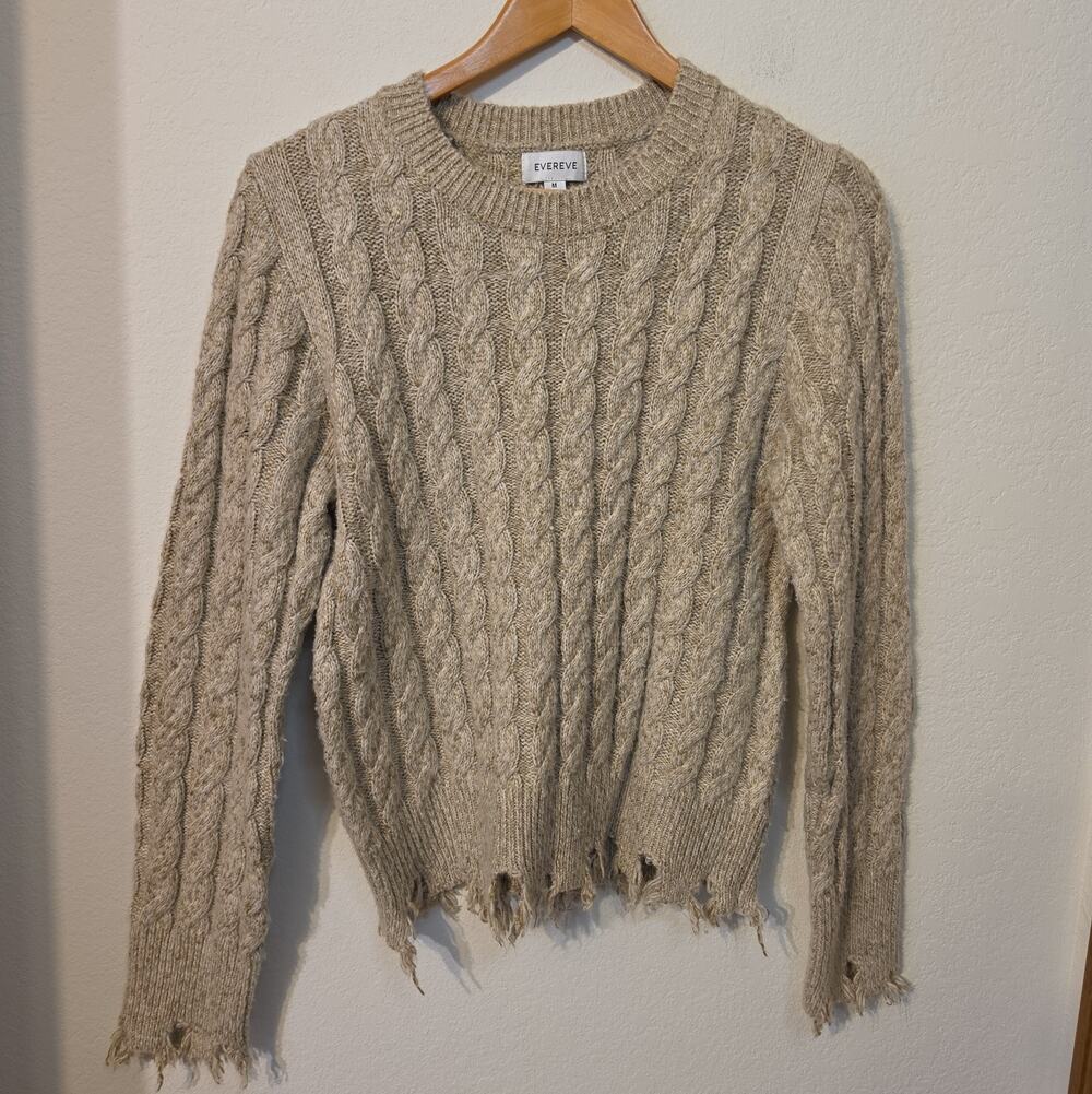 Evereve Women's Sweater Size Medium Chunky Beige Cable knit Fringed Distress Hem